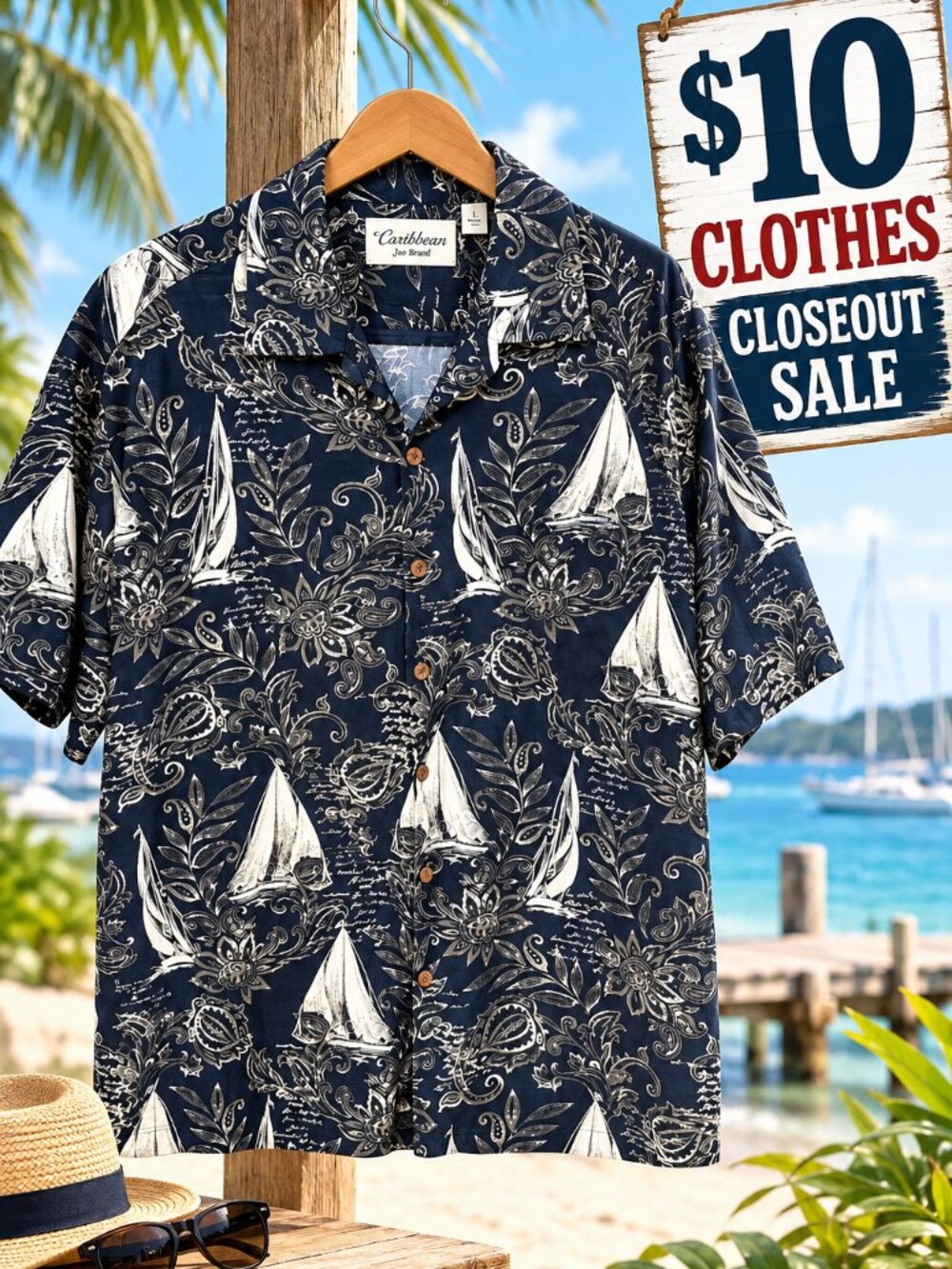 Caribbean Men’s Black Silk Sailboat Nautical Camp Shirt Short Sleeve